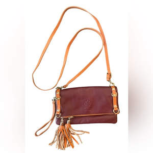 Vera Pelle Genuine Italian Leather Crossbody Bag Tassel Fold Out Wristlet Clutch